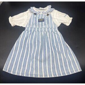 VTG Oshkosh B'Gosh Blue White Stripe Overall Dress White Embroidered Top 3T
